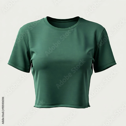 Empty white background display of a slim fit green crop top woman's t-shirt mockup with folds and creases accentuated. Generative AI photo