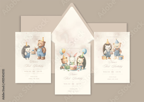 Watercolor Invitation Birthday Template card with animal friends celebrate birthday with cake and gifts.