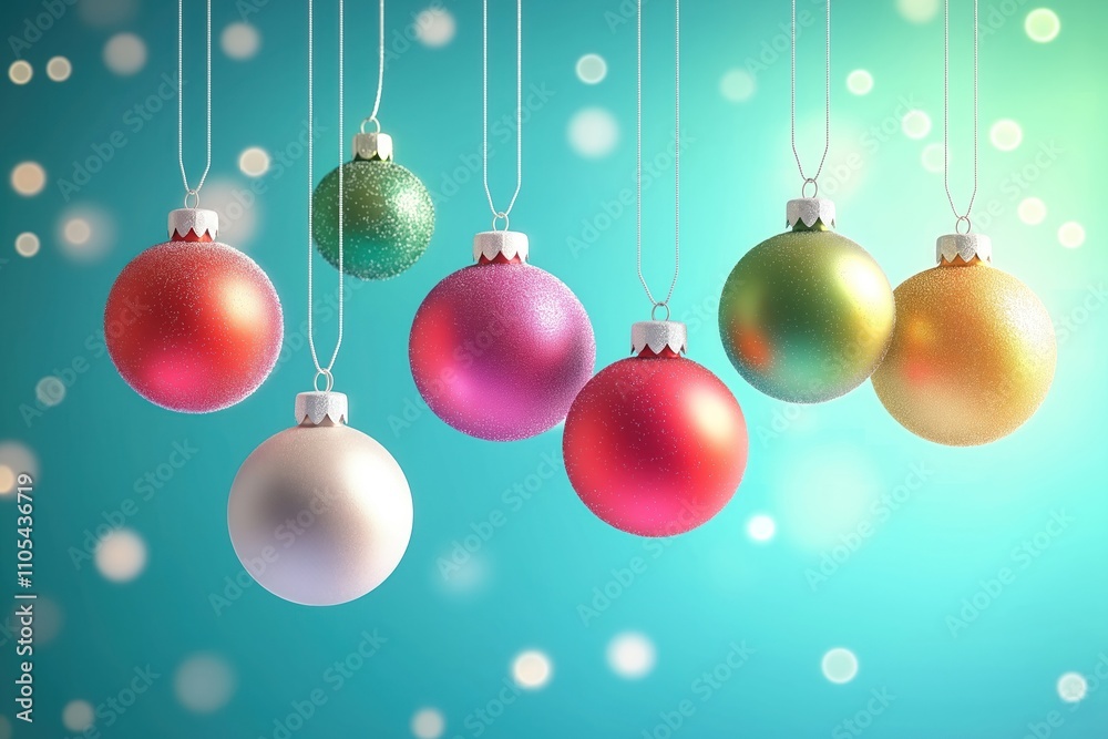 Fototapeta premium Colorful Christmas ornaments hang from strings against teal background with soft bokeh. Sparkling balls in various colors like red, pink, green, gold, white. Festive holiday decor. Bright, cheerful