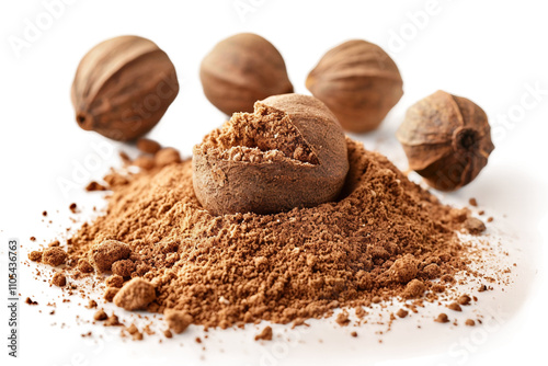 Aromatic nutmeg powder sprinkled lightly isolated on transparent background