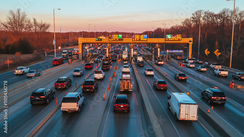 A bridge toll plaza jammed with cars and trucks during holiday travel.