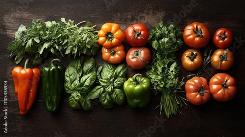 Assorted fresh vegetables and herbs arranged on a dark wooden background, including tomatoes, bell peppers, basil, and parsley showcasing a variety of colors and textures.