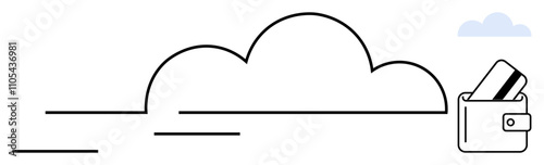 Black outline of a cloud with digital wallet containing credit card. Ideal for online banking, cloud storage, fintech, e-commerce, digital security, virtual payments, economic technology. Line