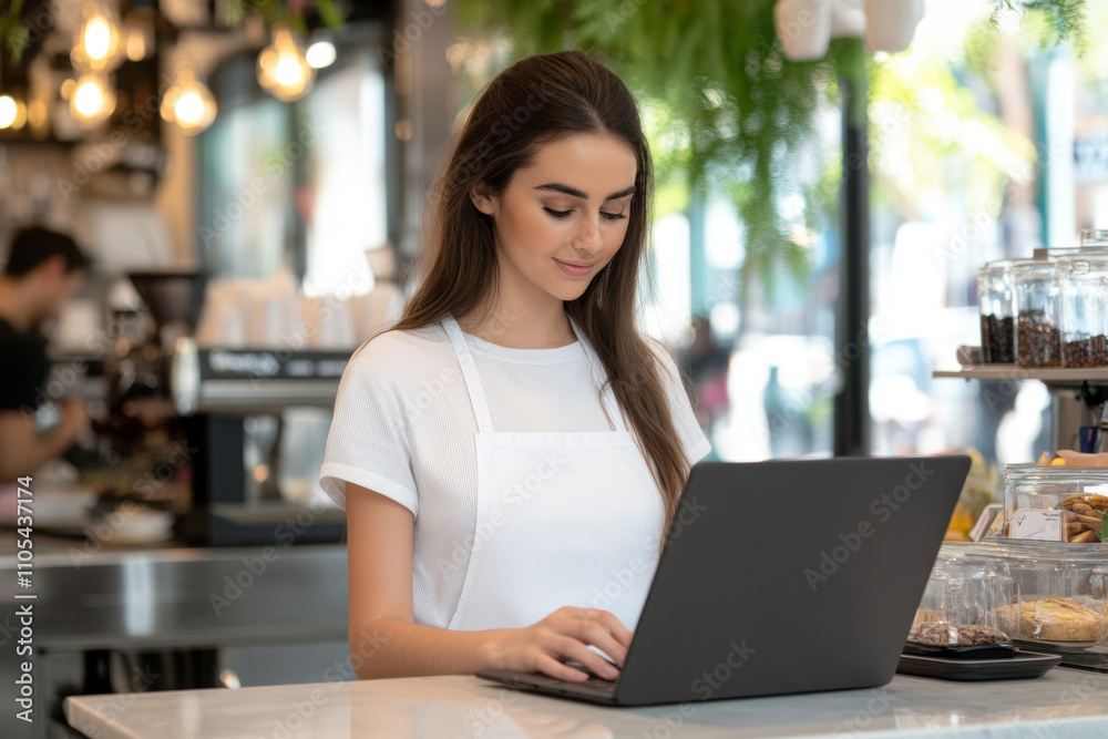 woman using laptop to manage customer orders in cafe woman using laptop to manage customer orders in cafe