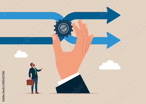 Big human hand change gears to change management. Modern flat vector illustration 