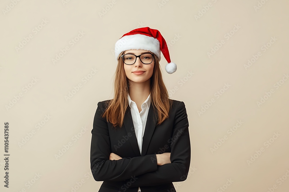Confident businesswoman in a studio portrait wearing a santa hat and glasses, with arms crossed Confident businesswoman in a studio portrait wearing a santa hat and glasses, with arms crossed