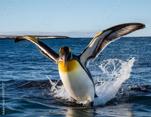 penguin in polar regions playing in the sea water photo