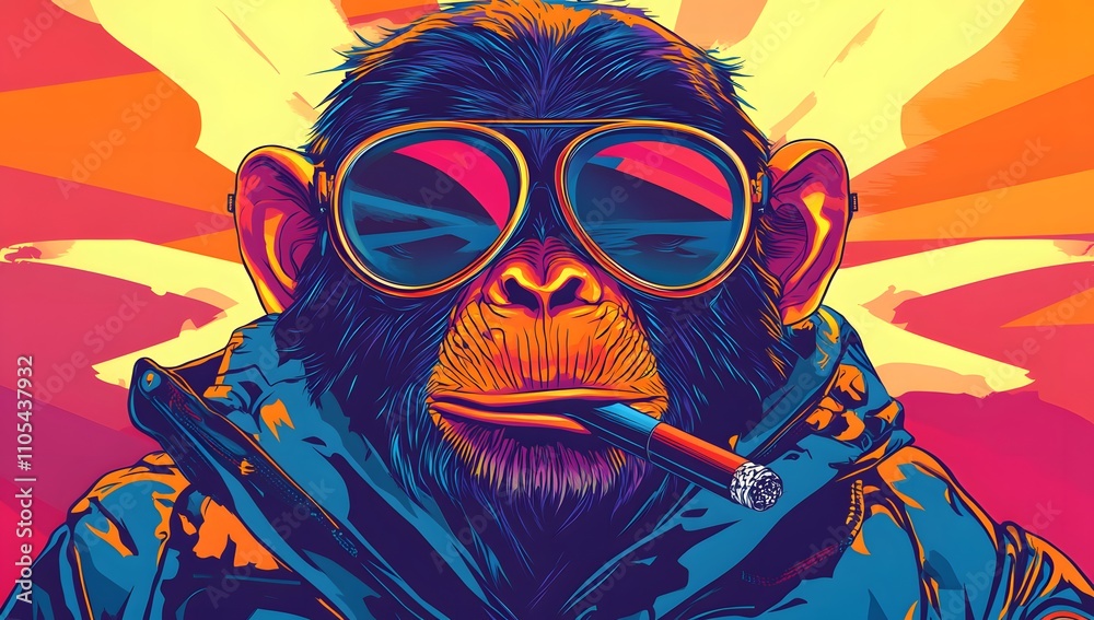 Cool chimp in shades enjoying a cigar. Vibrant colors and bold lines create a striking image. Cool chimp in shades enjoying a cigar. Vibrant colors and bold lines create a striking image.