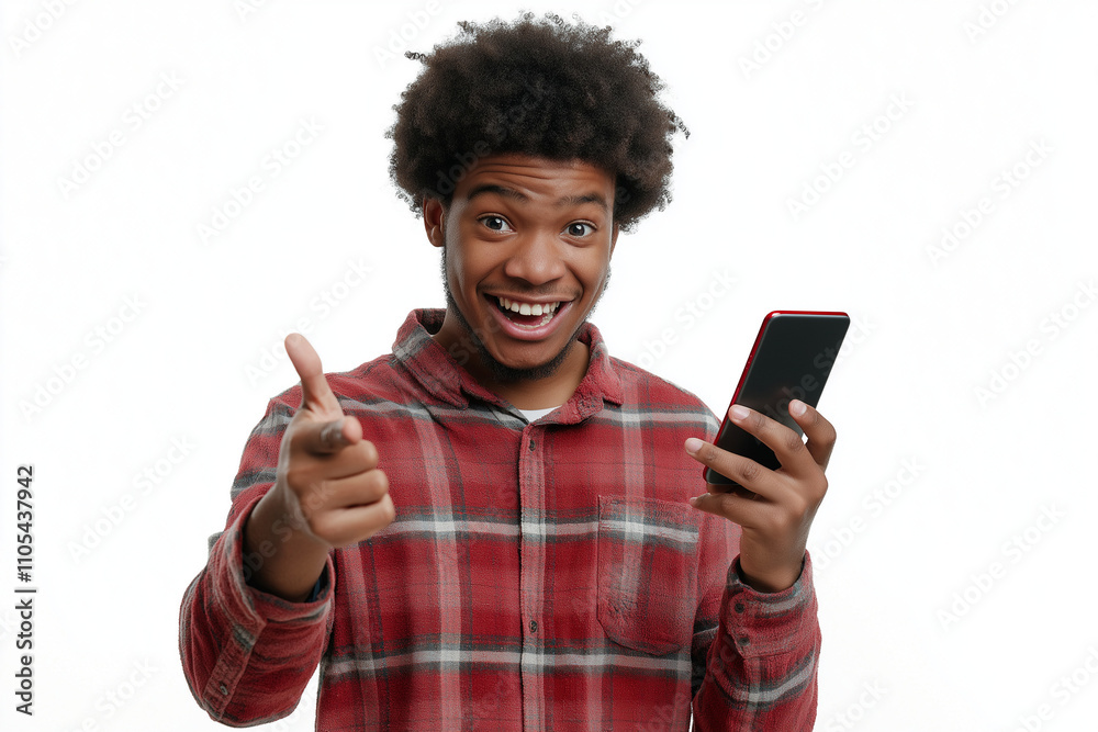 Happy young man in red plaid shirt pointing and laughing while holding smartphone against white background Happy young man in red plaid shirt pointing and laughing while holding smartphone against white background