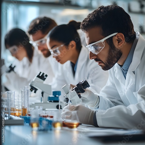 Research team conducting experiments in laboratory science facility scientific study collaborative environment close-up view innovation
