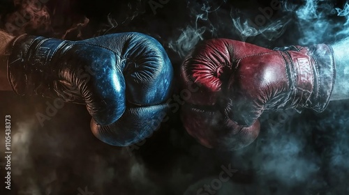Close-up of male hands in red and blue boxing gloves colliding, symbolizing power, strength, and competition in a fierce battle on a smoky dark background.