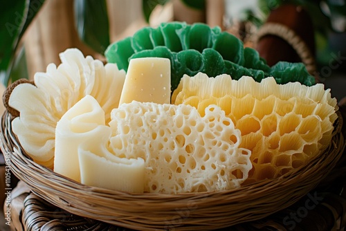 A basket of natural soaps and loofahs on a bamboo mat. photo