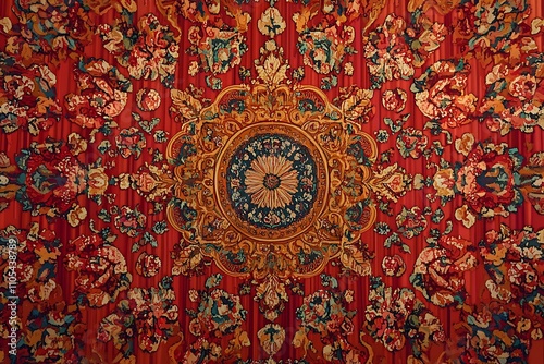 Beautiful pattern on a red background. Vector mandala template. Golden design elements. Traditional Turkish, Indian motifs. Great for fabric and textile, wallpaper, packaging or any desired idea.