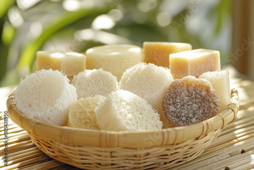 A basket of natural soaps and loofahs on a bamboo mat. photo