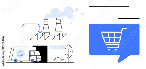 Recycling truck unloading at factory with smoking chimneys, accompanied by large blue shopping cart icon. Ideal for sustainability, e-commerce, logistics, recycling, manufacturing, environmental
