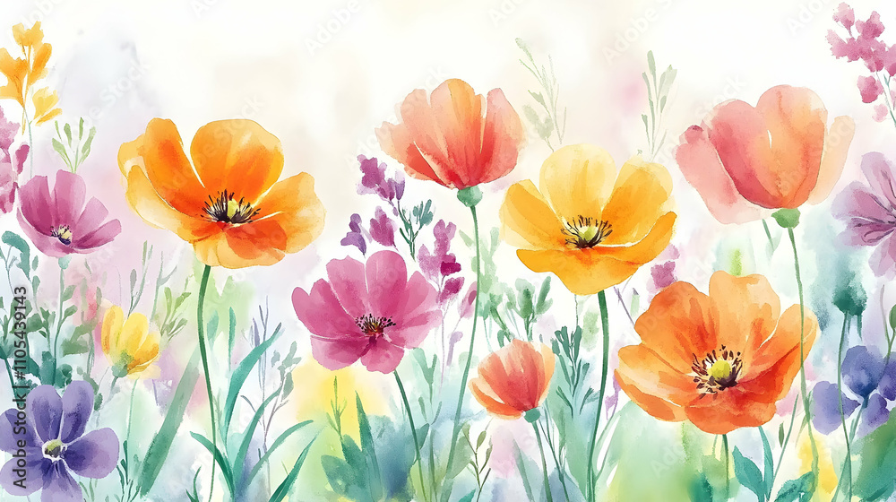 Vibrant Watercolor Painting of Blooming Poppies and Wildflowers in a Lush Garden Vibrant Watercolor Painting of Blooming Poppies and Wildflowers in a Lush Garden