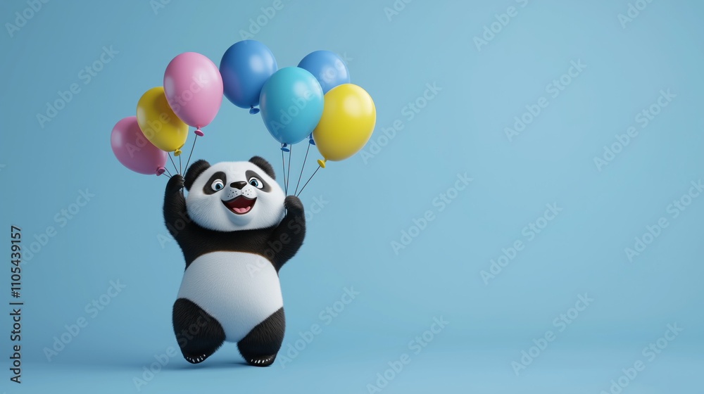 Fototapeta premium Cheerful cartoon panda holding balloons