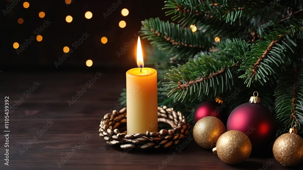 Burning Christmas candle in dark decorated fir tree room, 8k Resolution Burning Christmas candle in dark decorated fir tree room, 8k Resolution