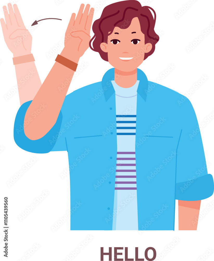 Hello gesture in sign language. Color character greeting Hello gesture in sign language. Color character greeting