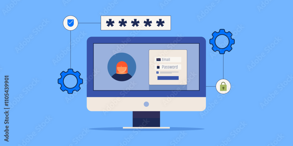 Customer panel, secure log in UI protected with user email and password verification process, web banner illustration. Customer panel, secure log in UI protected with user email and password verification process, web banner illustration.
