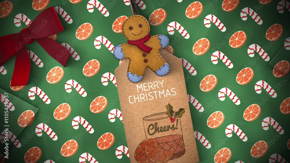 A festive background of Christmas wrapping paper and swinging gift tags that animates into place as an overlay with alpha.