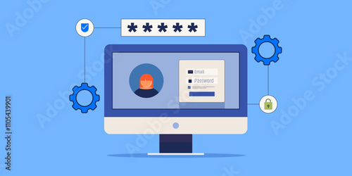 Customer panel, secure log in UI protected with user email and password verification process, web banner illustration.