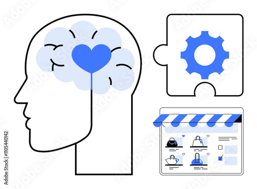 Human head outline with brain and heart icon, gear symbol inside puzzle piece with online shopping interface below. Ideal for mental health, technology, e-commerce, connection, problem-solving