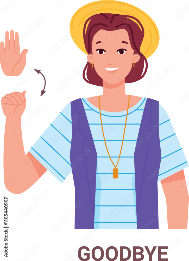 Goodbye gesture. Waving hand sign. Color character Goodbye gesture. Waving hand sign. Color character