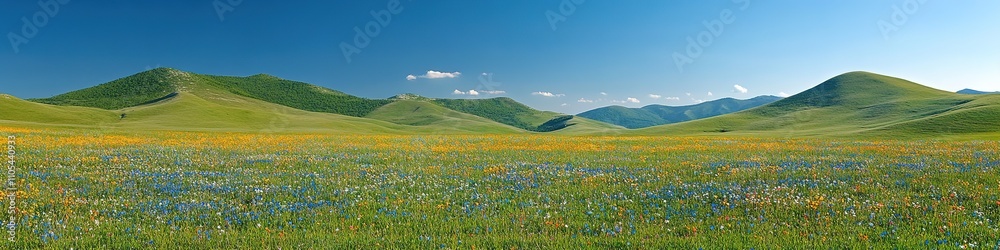 Panoramic view of vibrant flower field and hills under blue sky Panoramic view of vibrant flower field and hills under blue sky