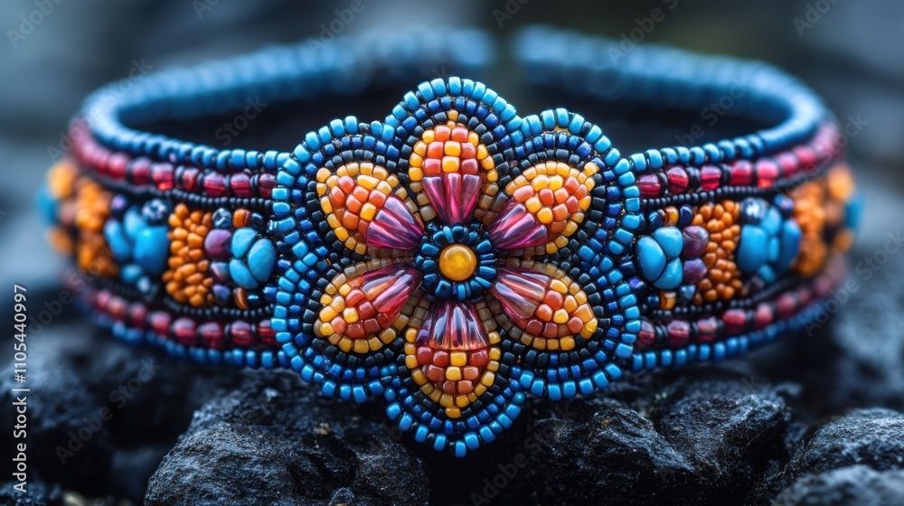 Fototapeta premium Close-up of a handmade bracelet with intricate beading, ideal for jewelry and fashion accessories