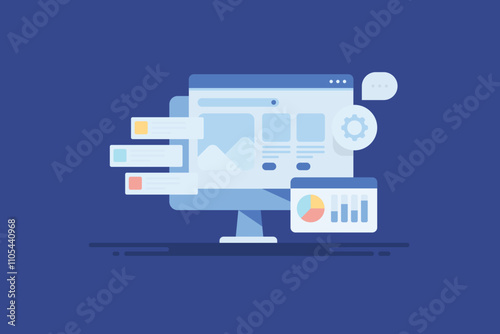 Website with content on laptop screen, dashboard analytics information and technical optimization concept, vector illustration banner.