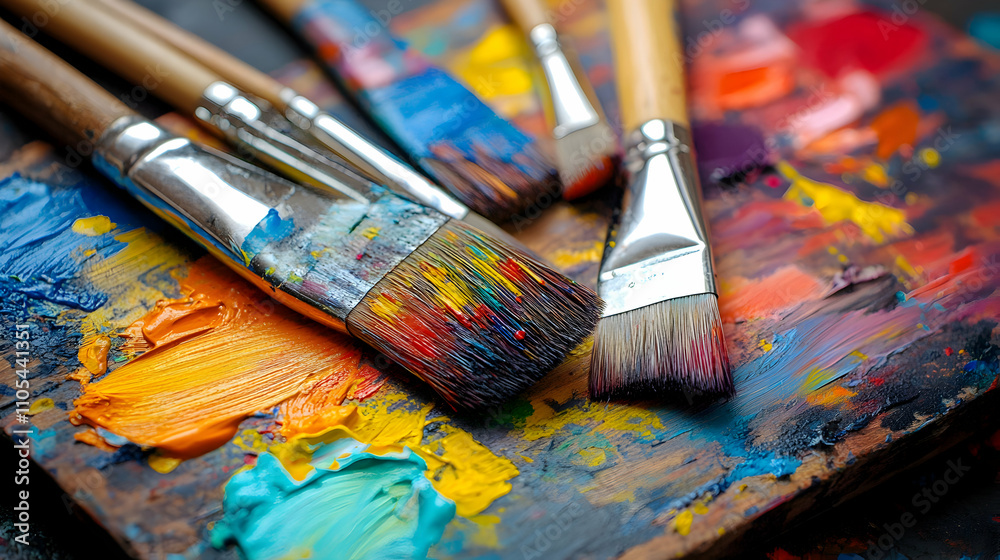 Vibrant Paintbrushes Rest on a Colorful Artist's Palette, showcasing Diverse Hues and Textures Vibrant Paintbrushes Rest on a Colorful Artist's Palette, showcasing Diverse Hues and Textures