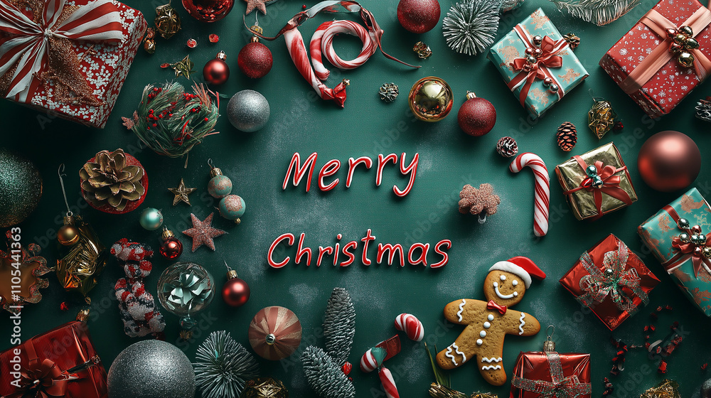 Merry Christmas, Festive Christmas decorations and gifts on a green background with a gingerbread man, holiday ribbons, and ornaments. Merry Christmas, Festive Christmas decorations and gifts on a green background with a gingerbread man, holiday ribbons, and ornaments.