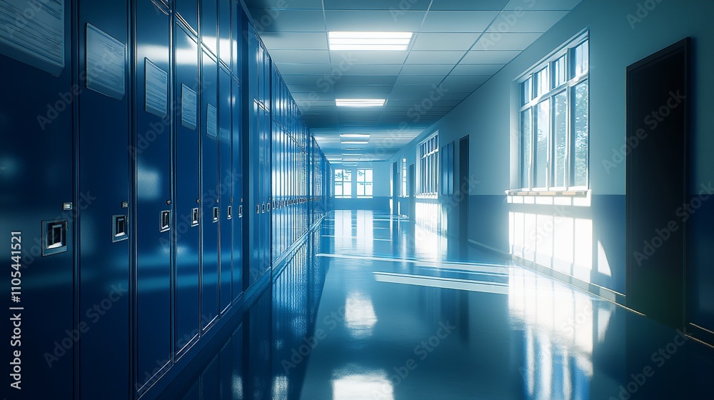 Fototapeta premium Empty School Hallway with Blue Lockers and Shiny Floor, Quiet Classroom Corridor in Modern Educational Institution