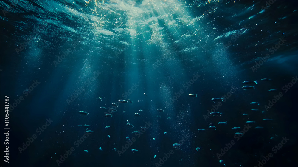 Sunbeams Illuminate Deep Ocean, Fish Swim Mysteriously in Dark Blue Water Sunbeams Illuminate Deep Ocean, Fish Swim Mysteriously in Dark Blue Water