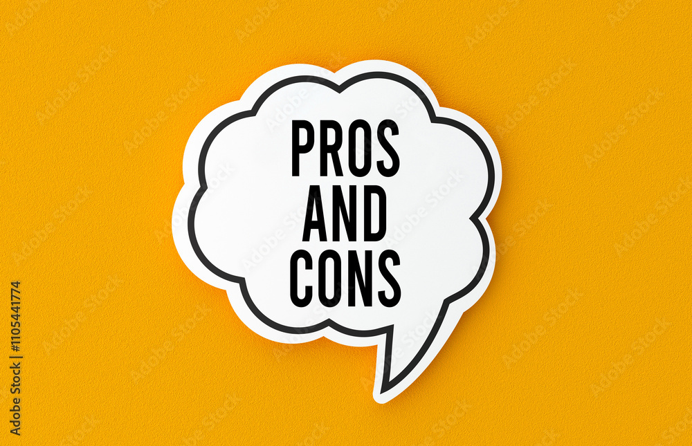 Pros And Cons concept written in a speech bubble. Yellow background, illustration. Pros And Cons concept written in a speech bubble. Yellow background, illustration.