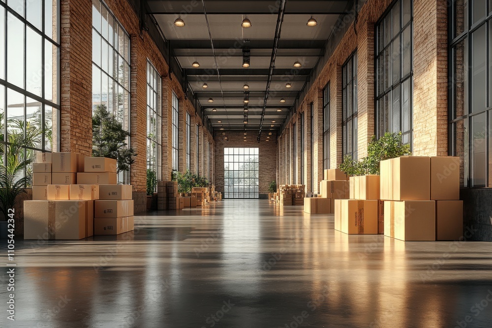 A large room with boxes and plants