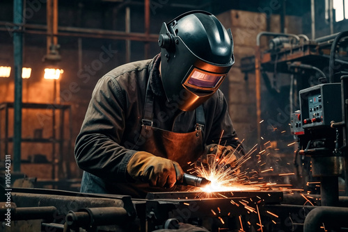 Welder in protective welding mask and helmet works with machine, welding metal in metallurgical workshop of factory. Worker man in special clothing working. Production concept. Copy ad text space