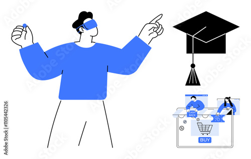 Person using VR headset interacts with virtual elements, including a graduation cap and online shopping cart. Ideal for education, technology, e-commerce, virtual learning, digital marketing, online photo