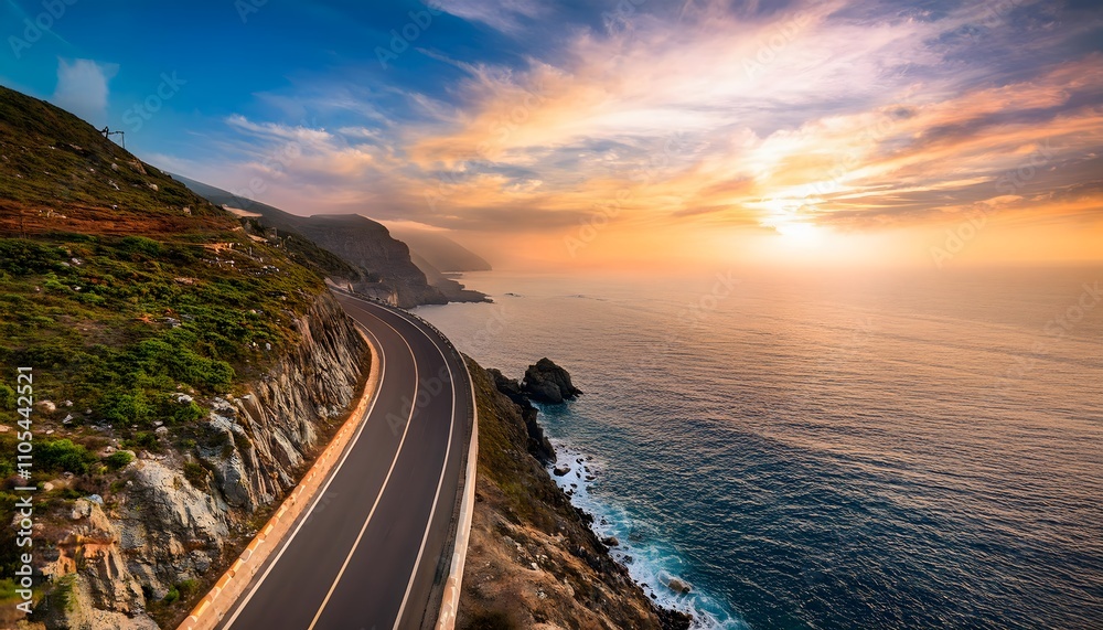 Scenic coastal road winding along a cliff with sunset over the ocean in the background Scenic coastal road winding along a cliff with sunset over the ocean in the background
