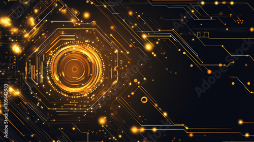 Abstract gold digital graphics with futuristic design. In the center of the composition there is a bright circle, around which there are concentric circles