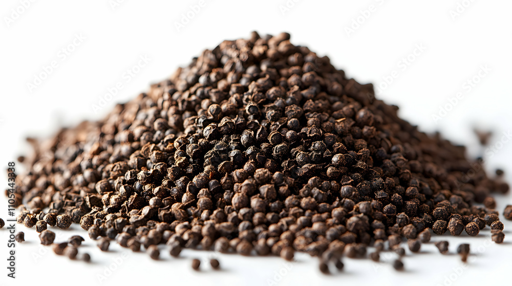 Close-up of a Pile of Dark Brown Peppercorns on White Background, Aromatic Spice for Culinary Use Close-up of a Pile of Dark Brown Peppercorns on White Background, Aromatic Spice for Culinary Use