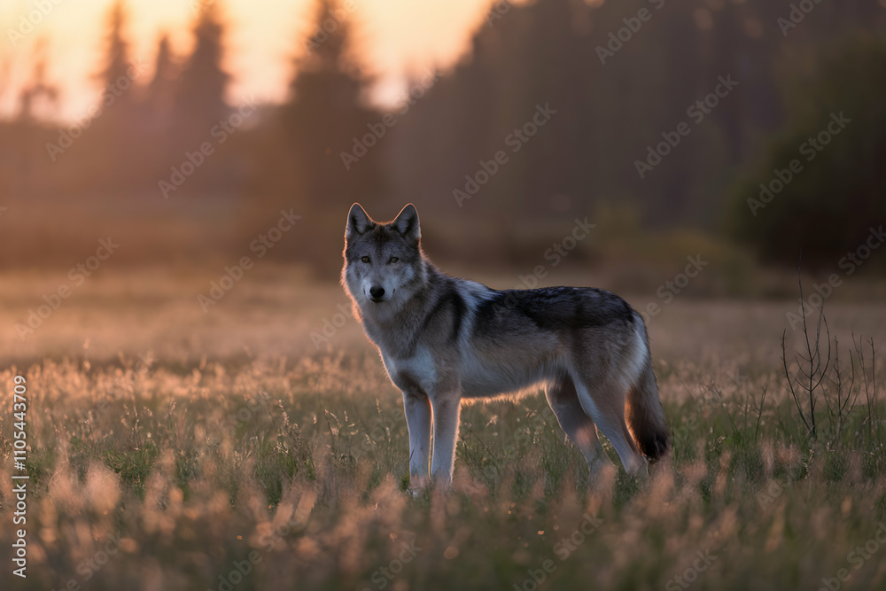 Majestic wolf stands in an open field at sunset, golden hues enhance the scene Majestic wolf stands in an open field at sunset, golden hues enhance the scene