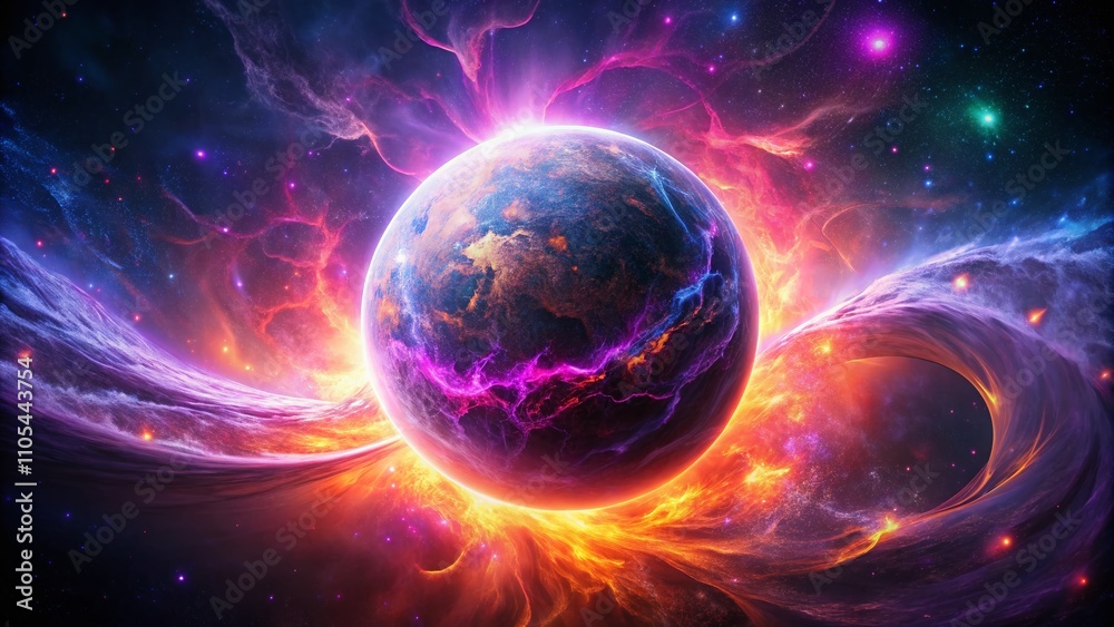 Abstract Neon Sphere of Energy in Space Surrounded by Purple and Pink Flames Against a Dark Background Captured with Drone Photography for Stunning Visual Impact Abstract Neon Sphere of Energy in Space Surrounded by Purple and Pink Flames Against a Dark Background Captured with Drone Photography for Stunning Visual Impact
