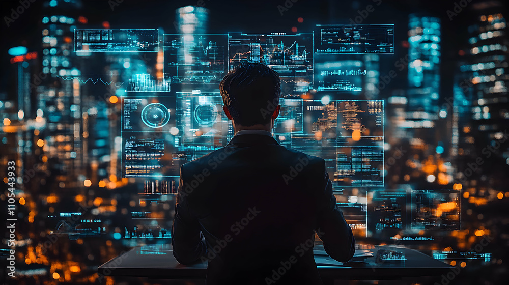 Analyst Reviews Data Streams, Futuristic City Background, Digital Screens Displaying Information at Night Analyst Reviews Data Streams, Futuristic City Background, Digital Screens Displaying Information at Night
