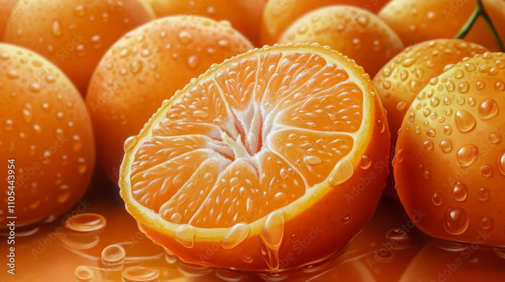 Bright fresh oranges covered with drops of water, creating a freshness effect. Bright fresh oranges covered with drops of water, creating a freshness effect.
