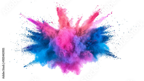 Colorful powder explosion isolated on white background. An explosion of colorful powder is spreading on a white surface beneath. A colorful explosion powder white background.	