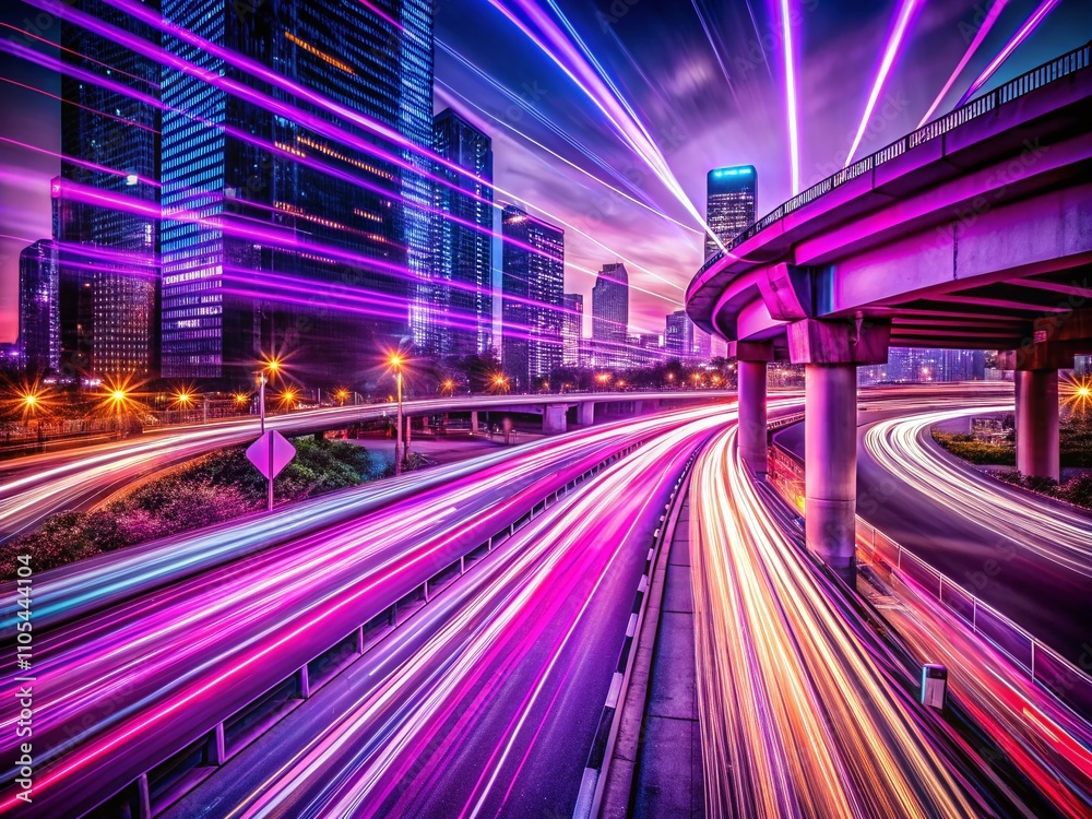 Fototapeta premium Abstract Nighttime Motorway Scene Featuring Particle Motion Light Effects with Neon Purple Flare Traces and Long Exposure Photography of Speedy Vehicles