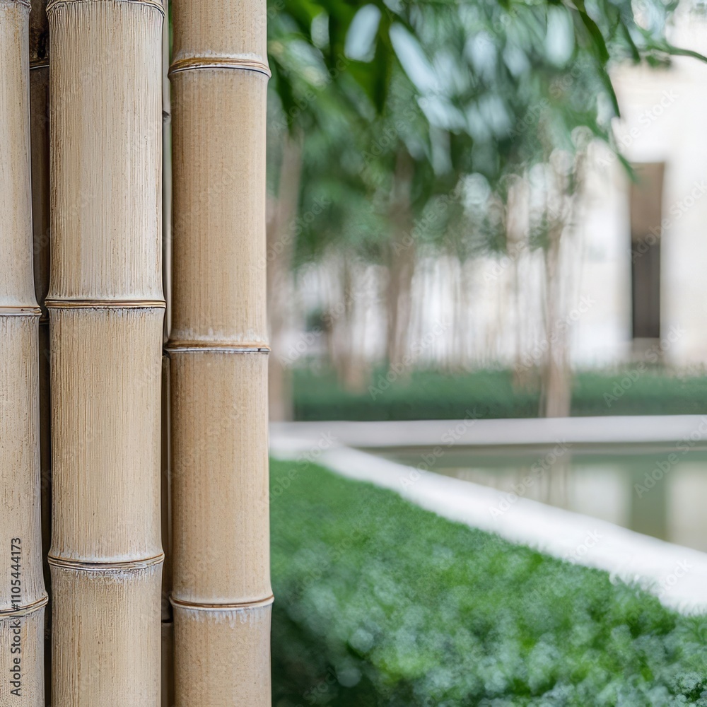 Close-up of bamboo stalks near a tranquil garden with blurred background. Close-up of bamboo stalks near a tranquil garden with blurred background.