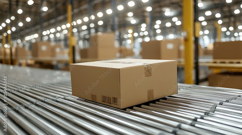 A Cardboard Box Moves Along a Conveyor Belt in a Warehouse Setting, Illustrating Efficient Logistics and Distribution Processes. A Cardboard Box Moves Along a Conveyor Belt in a Warehouse Setting, Illustrating Efficient Logistics and Distribution Processes.
